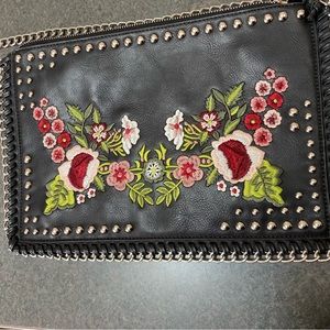 Harlow Black Floral Embroidered Purse with Chain & Stud Detailing